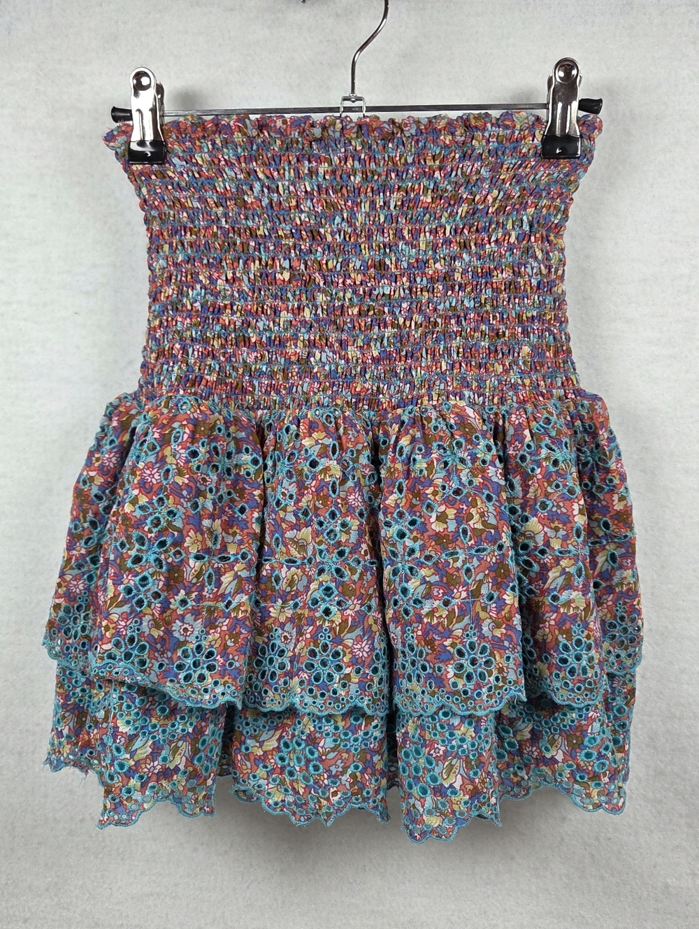 Ramy Brook New York Strapless Smocked Floral Peplum Top Mini Skirt Eyelet Ruffle